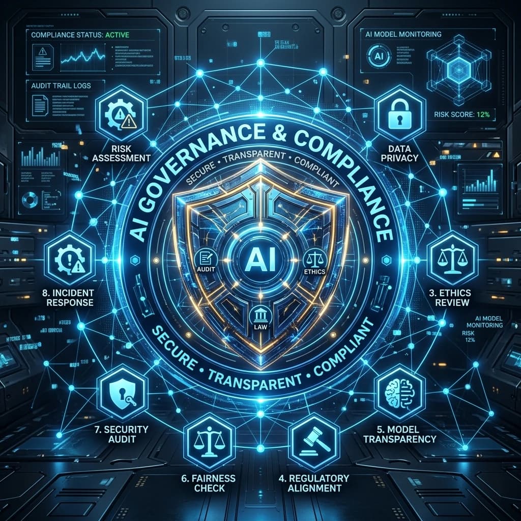 AI Governance Consulting framework icon illustrating compliance, security controls, and AI audit policies