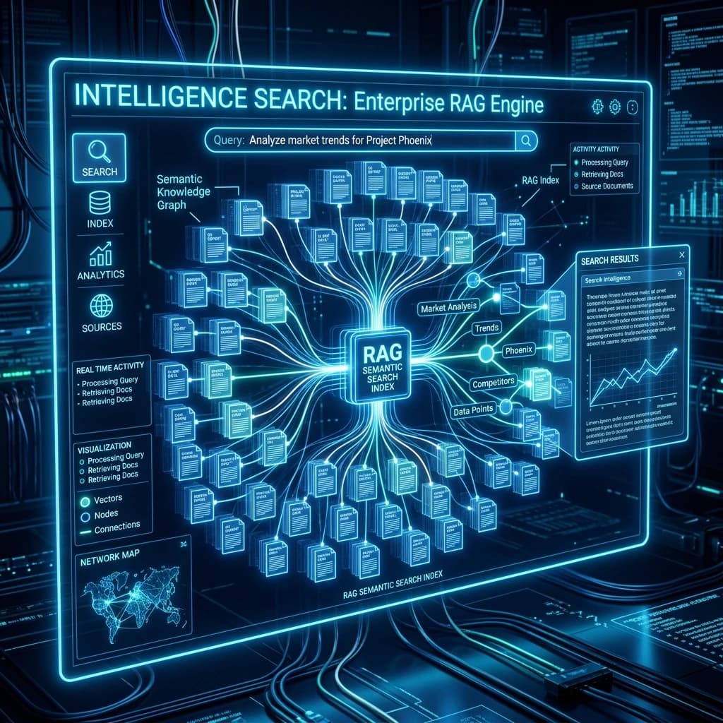Enterprise RAG and Generative AI Search visualization showing semantic indexing and document intelligence